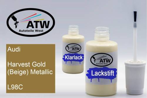 Audi, Harvest Gold (Beige) Metallic, L98C: 20ml Lackstift + 20ml Klarlack - Set, von ATW Autoteile West.